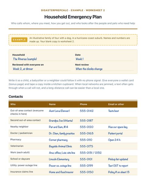 Filled-in household emergency plan